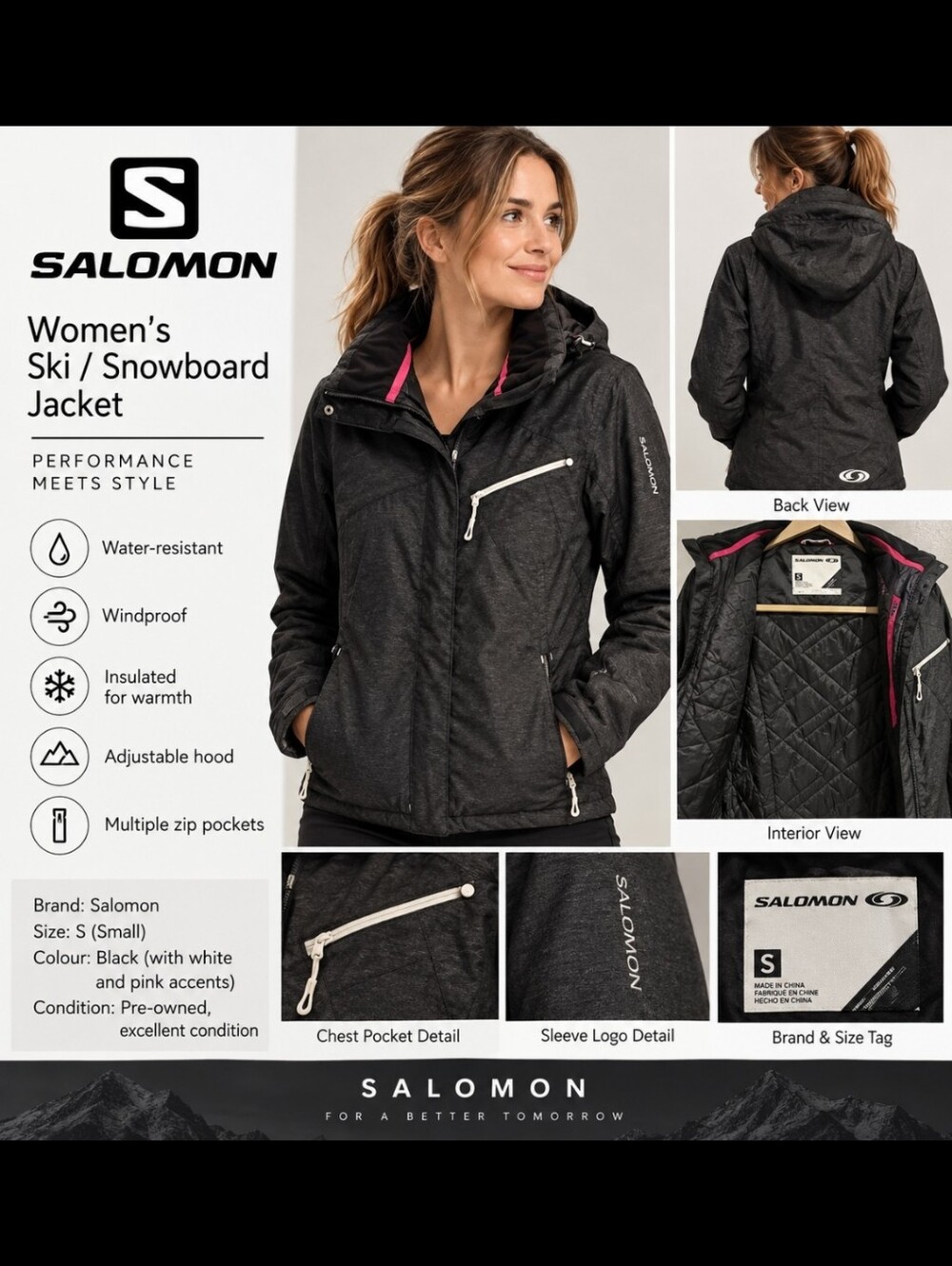 Salomon Women’s Black Hooded Jacket – Size Small